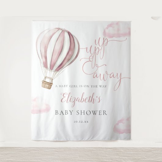 Roze Hete Luchtballon Baby shower Foto achtergrond Wandkleed (Voorkant)