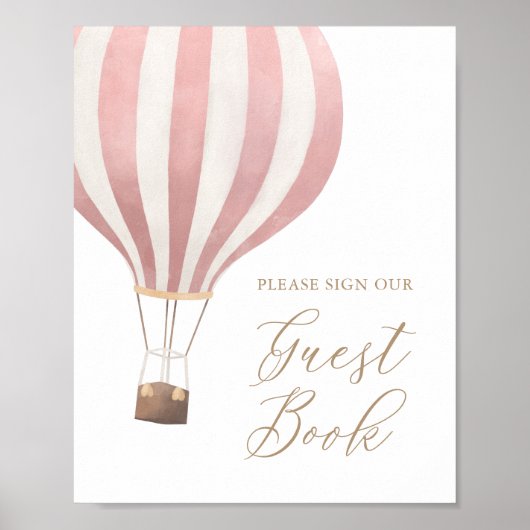 Roze Hete Luchtballon Baby shower Gastenboek Sign Poster (Voorkant)