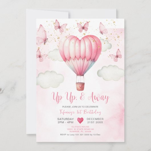 Roze Hete Luchtballon Baby shower Invitation Kaart (Voorkant)