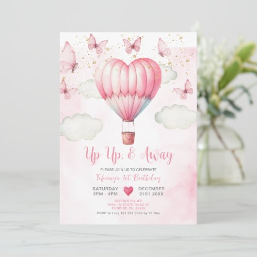 Roze Hete Luchtballon Baby shower Invitation Kaart (Staand voorkant)