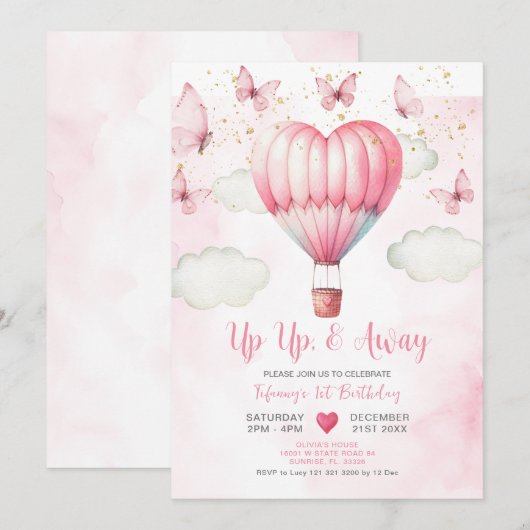 Roze Hete Luchtballon Baby shower Invitation Kaart (Voorkant / Achterkant)