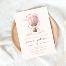 Roze Hete Luchtballon Baby shower Invitation