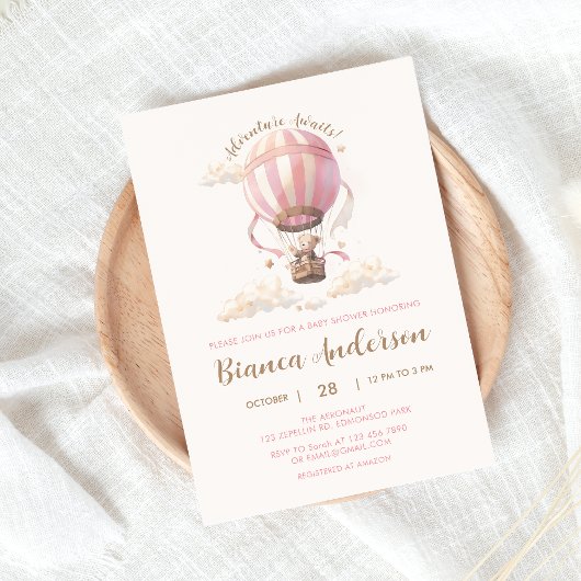Roze Hete Luchtballon Baby shower Invitation Kaart