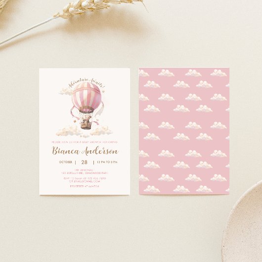 Roze Hete Luchtballon Baby shower Invitation Kaart