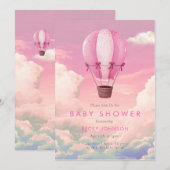 Roze Hete Luchtballon Baby shower Invitation Kaart (Voorkant / Achterkant)