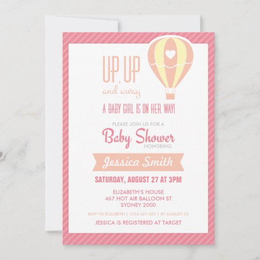 Roze Hete Luchtballon Baby shower Invitation Kaart (Voorkant)