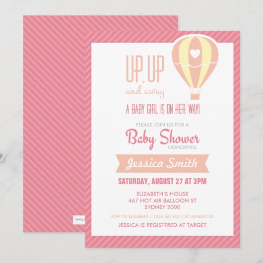 Roze Hete Luchtballon Baby shower Invitation Kaart (Voorkant / Achterkant)