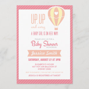 Roze Hete Luchtballon Baby shower Invitation Kaart