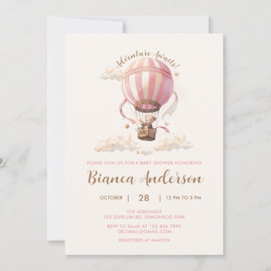 Roze Hete Luchtballon Baby shower Invitation Kaart (Voorkant)