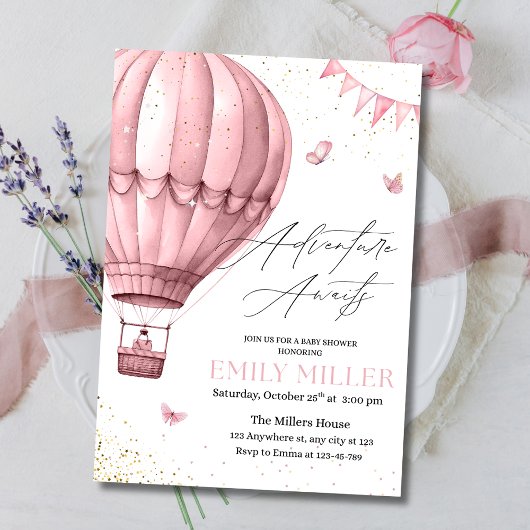 Roze Hete Luchtballon Baby shower Uitnodigen, Baby