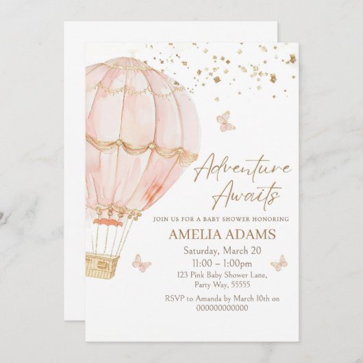 Roze Hete Luchtballon Baby shower Uitnodiging, Mei Kaart (Voorkant / Achterkant)