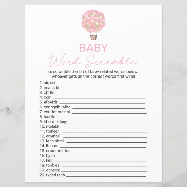 Roze Hete Luchtballon Baby shower Word Scramble (Voorkant)