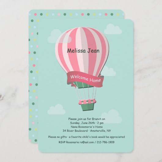 Roze Hete Luchtballon Blauwe achtergrond Uitnodigi Kaart (Voorkant / Achterkant)