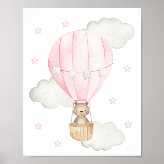 Roze hete luchtballon, Dieren, Beer, Meisjeskamer Poster (Voorkant)