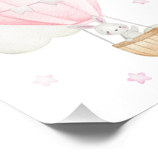 Roze hete luchtballon, dieren, konijn, meisjeskame foto afdruk (Hoek)