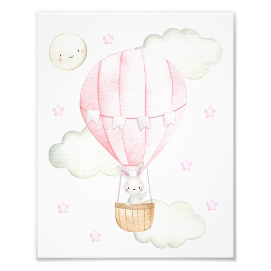 Roze hete luchtballon, dieren, konijn, meisjeskame foto afdruk (Voorkant)