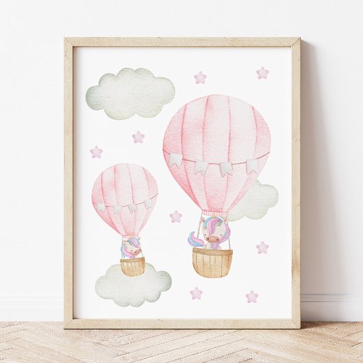 Roze hete luchtballon, eenhoorn, sterren, meisjesk poster
