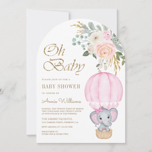 Roze Hete Luchtballon Elephant Arch Baby shower Kaart (Voorkant)