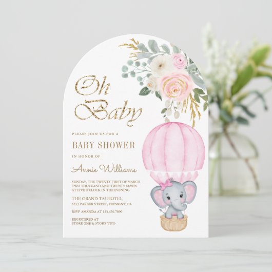 Roze Hete Luchtballon Elephant Arch Baby shower Kaart (Staand voorkant)