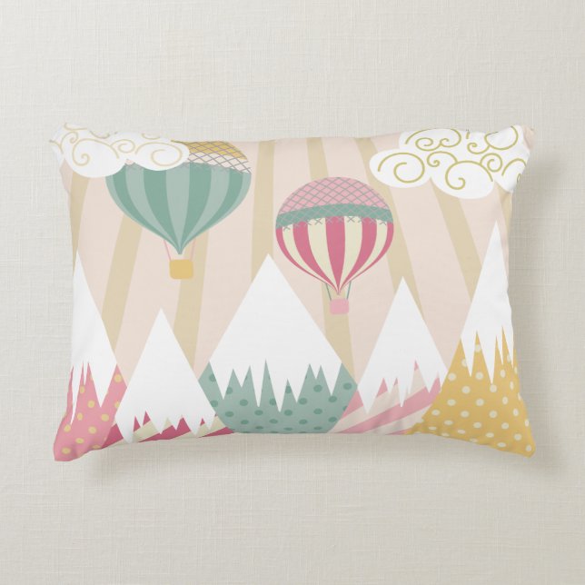 Roze hete luchtballon en bergscène accent kussen (Voorkant)