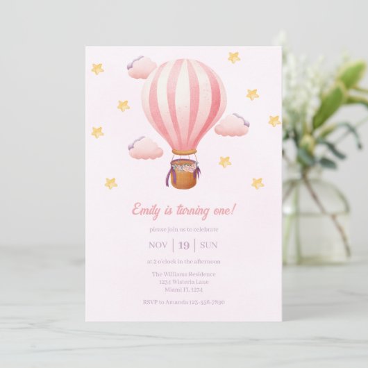 Roze Hete Luchtballon Meisje 1e Verjaardagsfeestje Kaart (Staand voorkant)