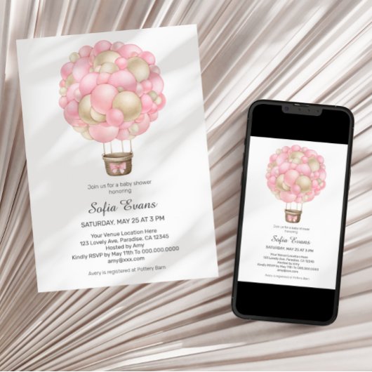 Roze Hete Luchtballon Meisje Baby shower Kaart