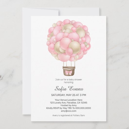 Roze Hete Luchtballon Meisje Baby shower Kaart (Voorkant)