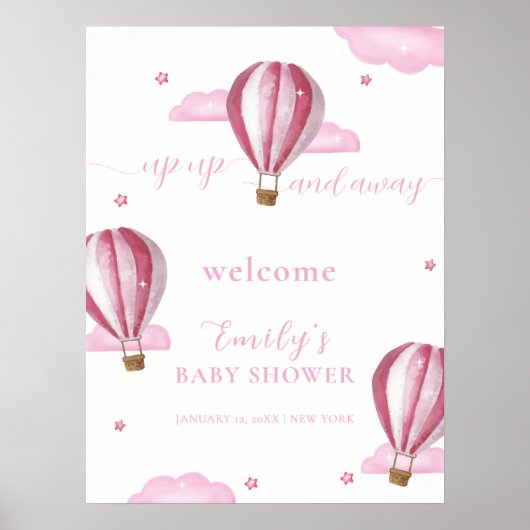 Roze Hete Luchtballon Meisje Baby shower Welkom Poster (Voorkant)