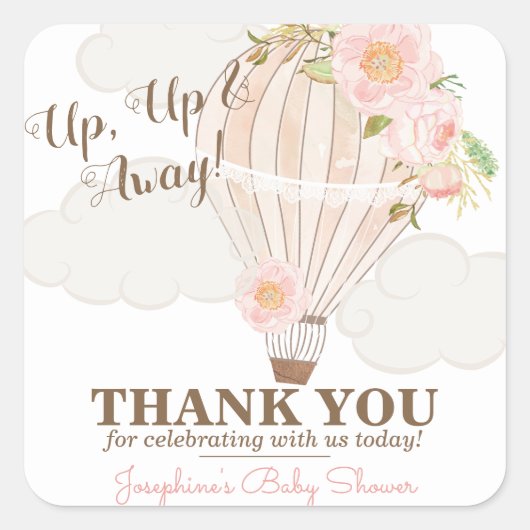 Roze hete luchtballon meisje babyshower favoriet vierkante sticker (Voorkant)