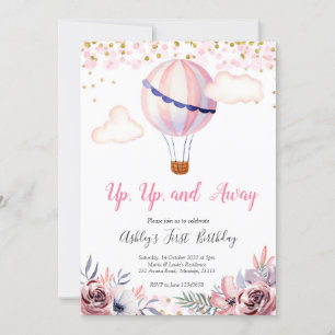 Roze Hete Luchtballon Meisje Verjaardag Uitnodigin Kaart