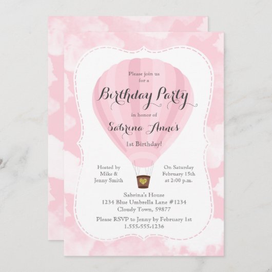 Roze hete luchtballon meisje verjaardagsfeestje kaart (Voorkant / Achterkant)