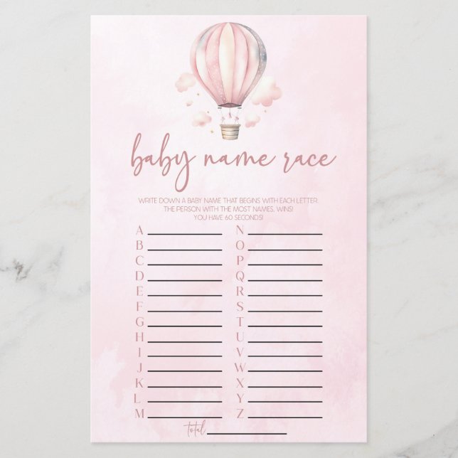 Roze Hete Luchtballon Naam Race Baby shower Spel (Voorkant)
