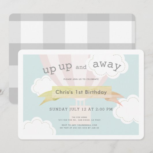 Roze hete luchtballon omhoog en weg 1e verjaardag kaart (Voorkant / Achterkant)