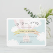 Roze hete luchtballon omhoog en weg 1e verjaardag kaart (Staand voorkant)