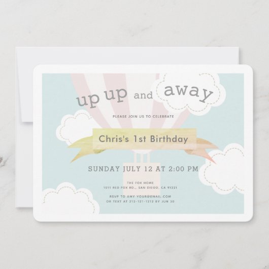 Roze hete luchtballon omhoog en weg 1e verjaardag kaart (Voorkant)