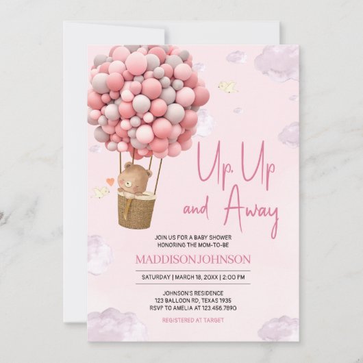 Roze hete luchtballon omhoog en weg Baby shower Kaart (Voorkant)