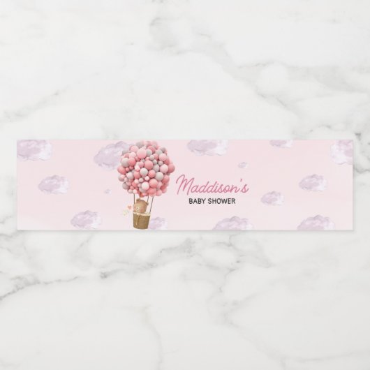 Roze hete luchtballon omhoog en weg Baby shower Waterfles Etiket (Enkel label)
