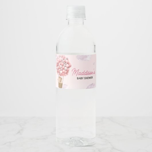 Roze hete luchtballon omhoog en weg Baby shower Waterfles Etiket (Voorkant)