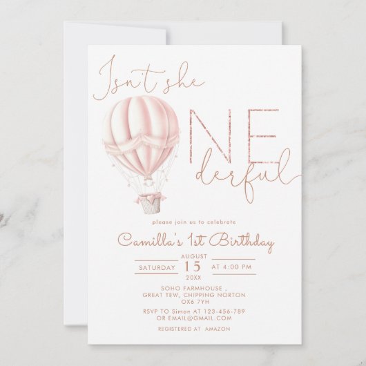 Roze Hete Luchtballon Onederful Meisje 1e Verjaard Kaart (Voorkant)