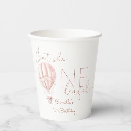 Roze Hete Luchtballon Onederful Meisje 1e Verjaard Papieren Bekers (Voorkant)
