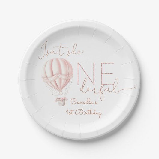 Roze Hete Luchtballon Onederful Meisje 1e Verjaard Papieren Bordje (Voorkant)