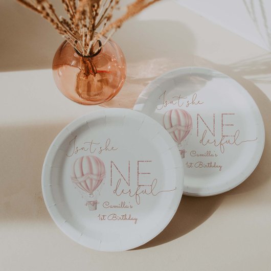 Roze Hete Luchtballon Onederful Meisje 1e Verjaard Papieren Bordje