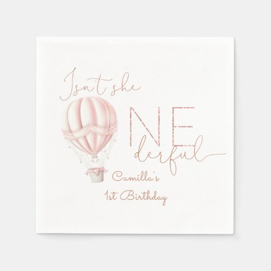 Roze Hete Luchtballon Onederful Meisje 1e Verjaard Servet (Voorkant)