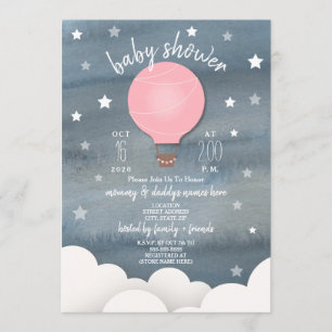Roze Hete Luchtballon + Sterren Meisje Baby shower Kaart