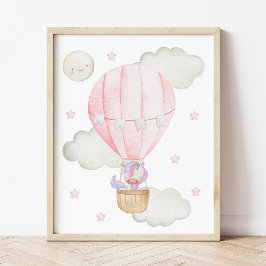 Roze hete luchtballon, unicorn, sterren, meisjesse foto afdruk