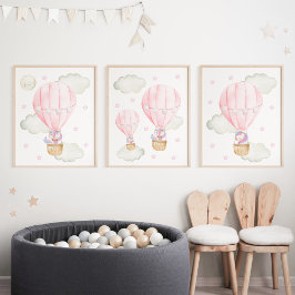 Roze hete luchtballon, unicorn, sterren, meisjesse muurkunst sets