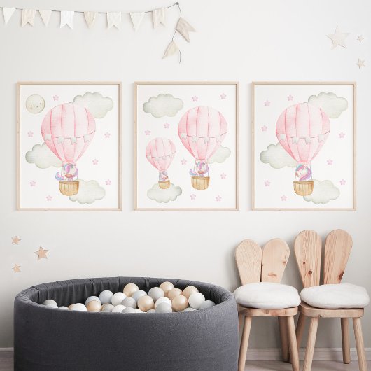 Roze hete luchtballon, unicorn, sterren, meisjesse muurkunst sets