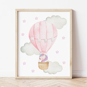 Roze hete luchtballon, unicorn, sterren, meisjesse poster
