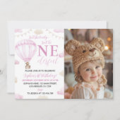 Roze Hete Luchtballon Verjaardag Foto uitnodiging (Voorkant)