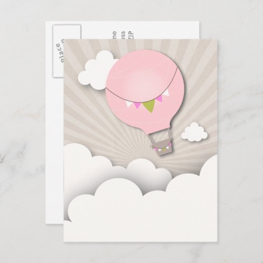 Roze hete luchtballon verjaardagsfeest Briefkaart (Voorkant / Achterkant)